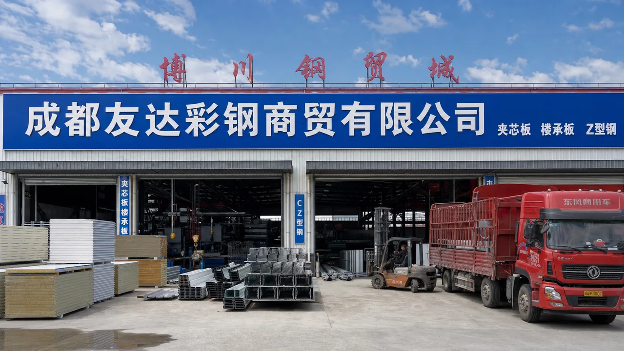 成都友达彩钢商贸有限公司AI辅助门头示意图