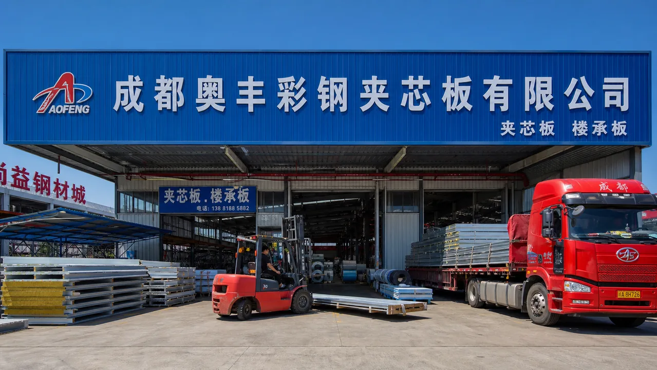 成都奥丰彩钢夹芯板有限公司AI辅助门头示意图